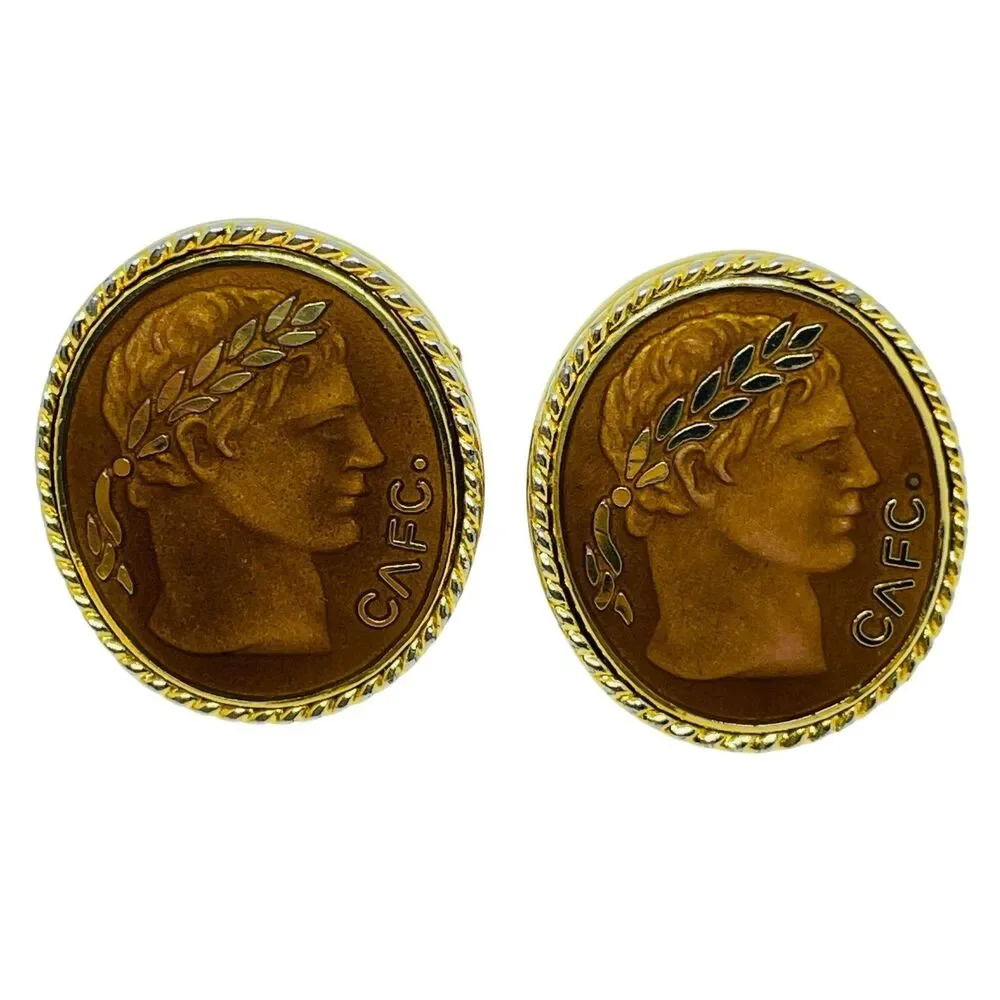 Vintage gold tone copper enamel Greek style massive designer cufflinks